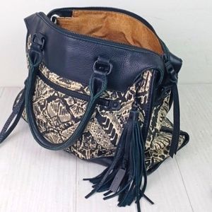 SAKROOTS Black Leather Fringed & Tasseled Tribal Canvas Crossbody Satchel Bag